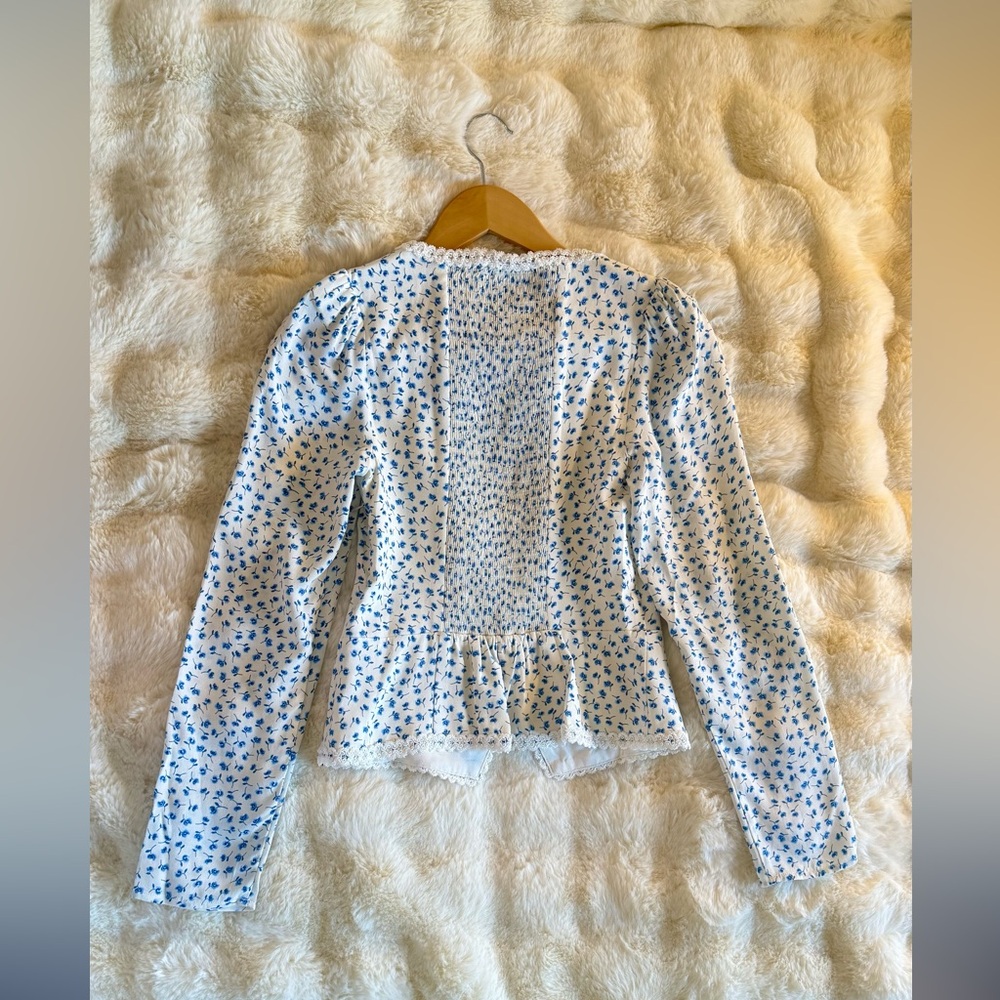 Reformation Cream Floral Button-Front Blouse with Blue Print - Picture 12 of 16